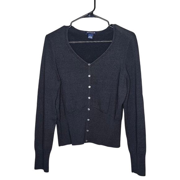 Ann Taylor Silk Button Up Cardigan Size L Classic Black Feminine Career Preppy - Picture 1 of 6